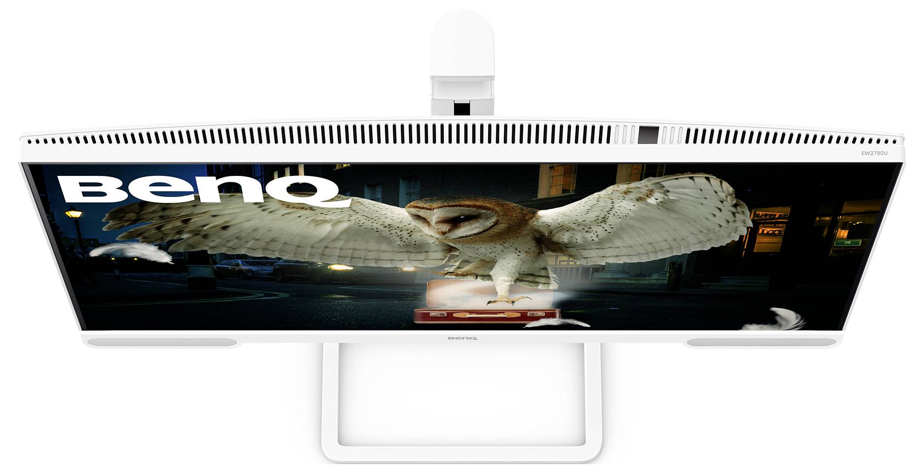 BenQ All-in-One-Desktopmonitor mit einem großen Eulenbild auf dem Bildschirm und einer integrierten Kamera oben.
