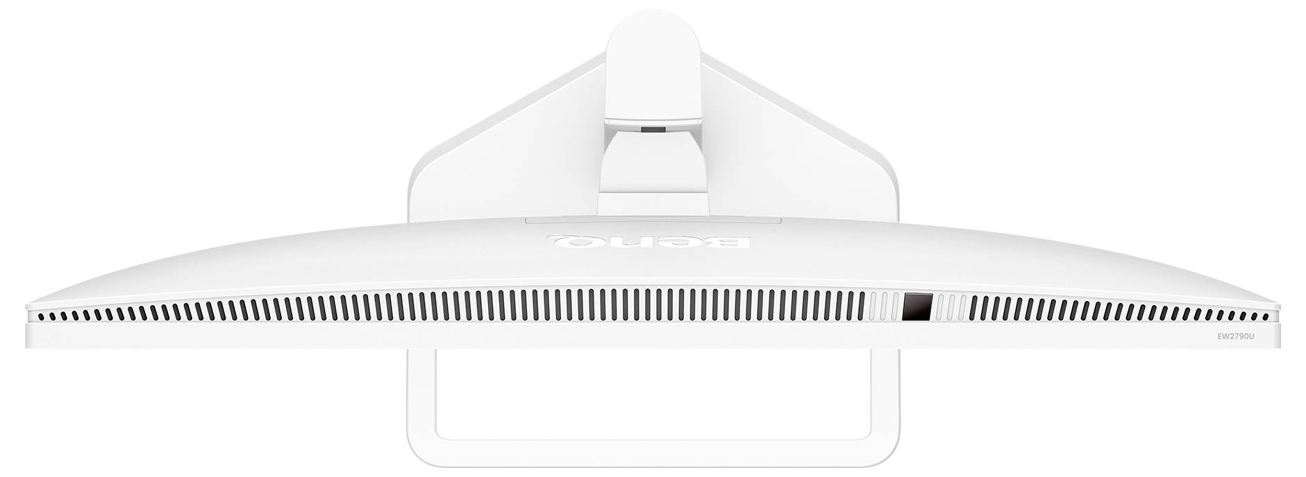 Rückansicht eines weißen All-in-One-Desktop-Monitors mit integriertem Ständer und Belüftungsschlitzen auf neutralem Hintergrund.