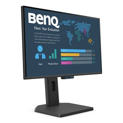 BenQ-Monitor zeigt eine Infografik zur "Evaluierung für das nächste Jahr" mit einer Weltkarte und horizontalen Marktanteilsbalken für die Produkte A-D.
