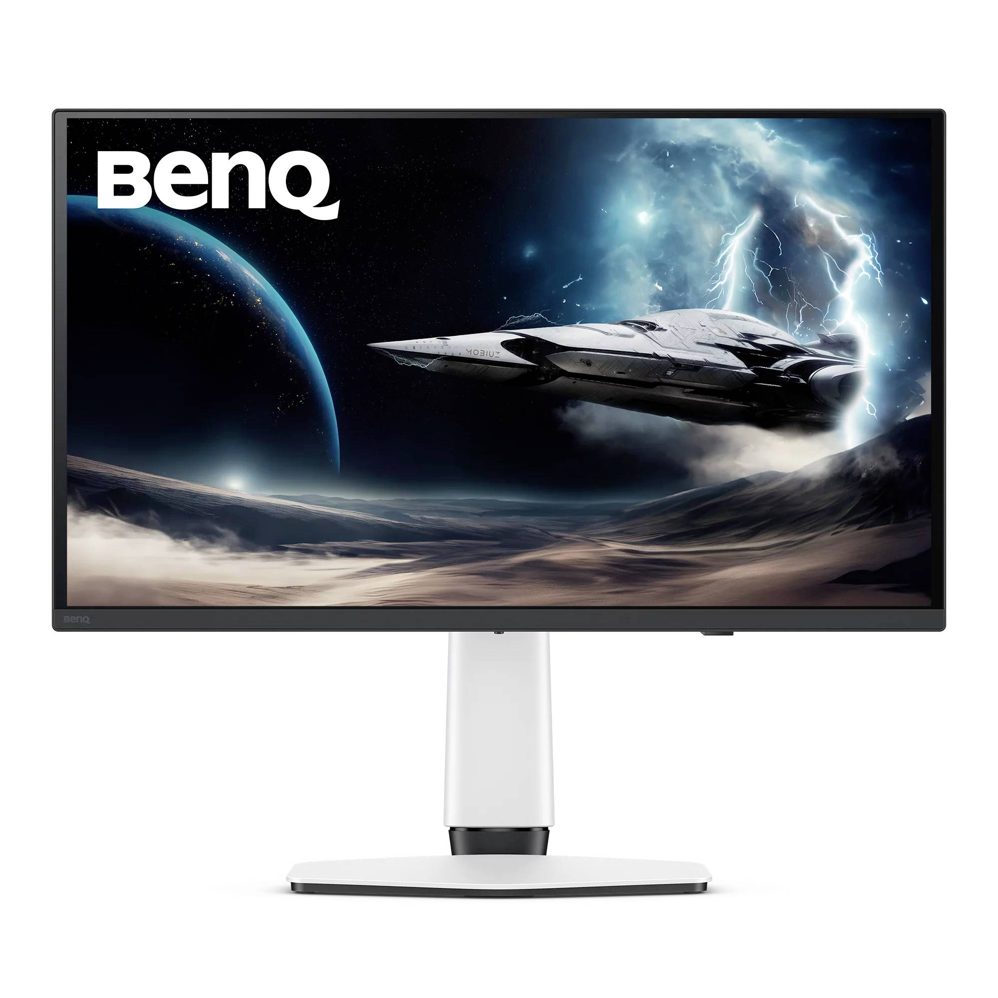 BenQ-Monitor zeigt eine Science-Fiction-Raumschiff-Szene mit einem Planeten und Blitzen im Weltall.