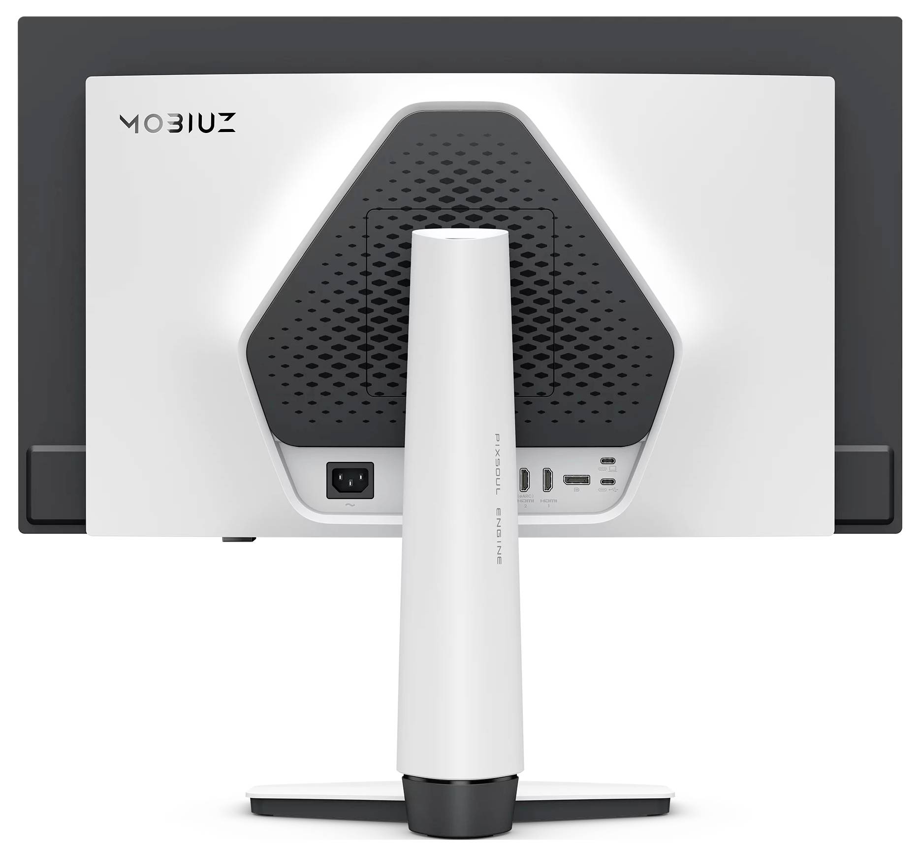 Rückansicht eines MOBIUZ-Computermonitors mit zentralem Ständer, der ein Lüftungsgitter, eine Stromversorgung und USB-Anschlüsse zeigt.