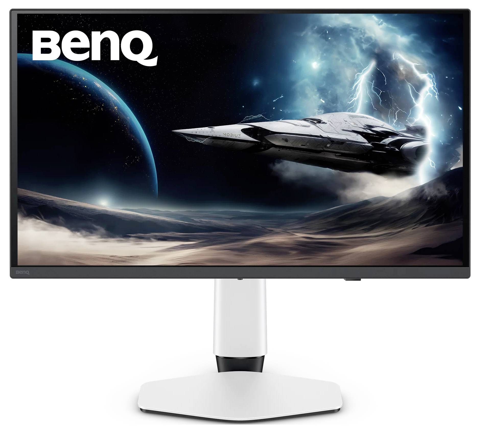 BenQ-Monitor zeigt ein Science-Fiction-Raumschiff, das durch eine stürmische Weltraumszene fliegt