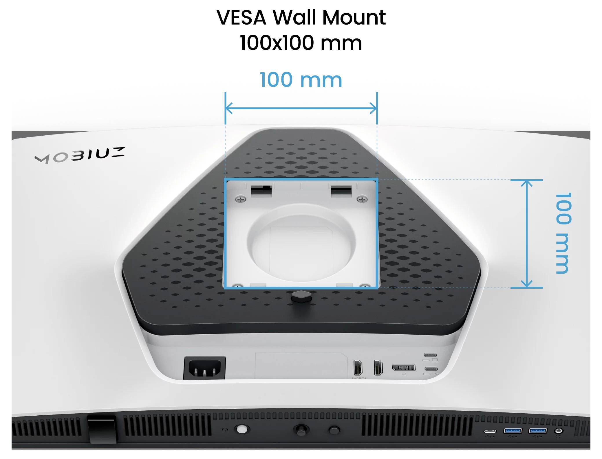 Diagramm einer VESA-Wandhalterung mit 100 x 100 mm Abstand, mit blauen Messpfeilen mit der Beschriftung 100 mm horizontal und vertikal.