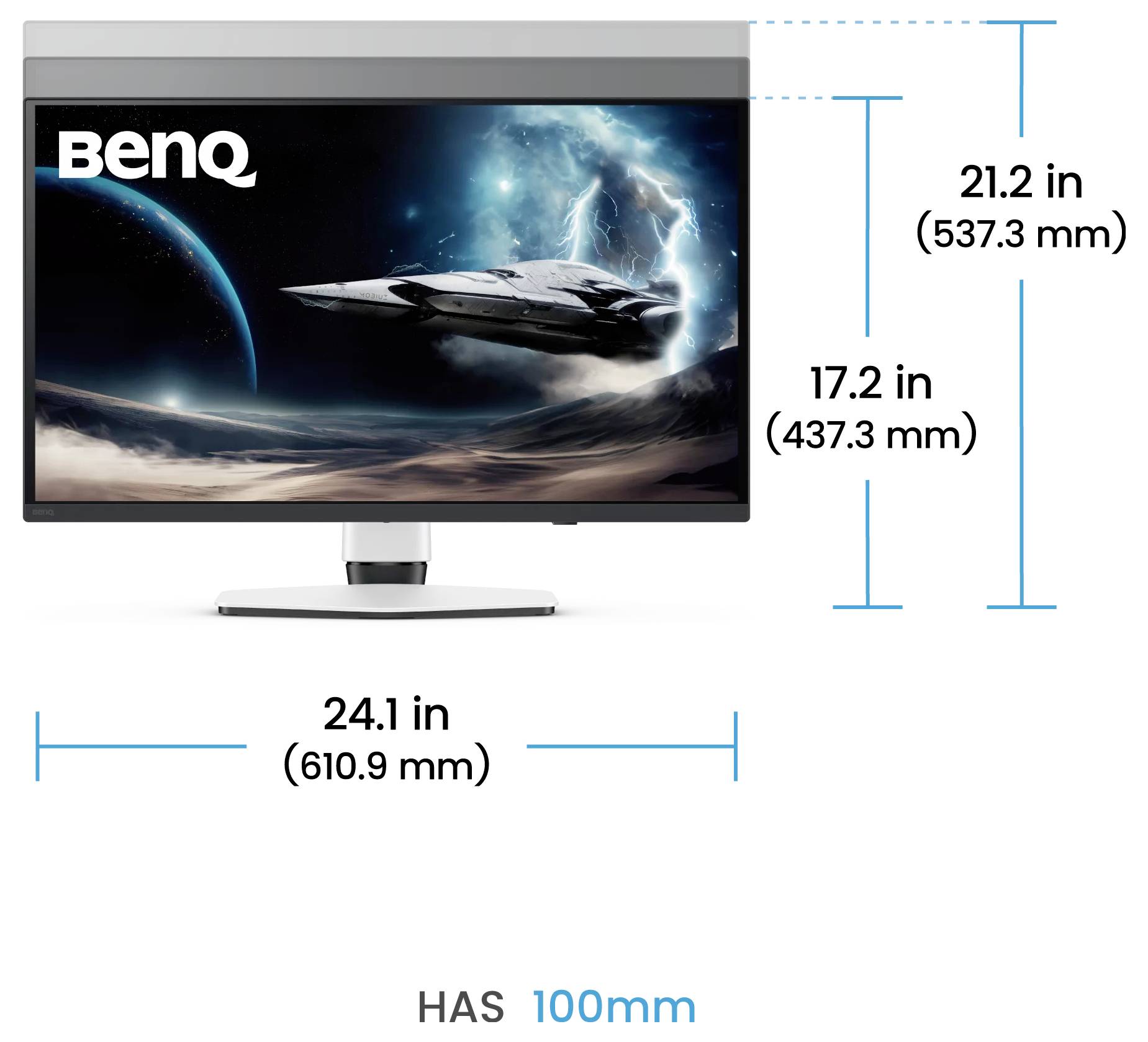 Diagramm der Rückseite eines BenQ-Monitors mit VESA-Wandhalterungsmuster in der Größe 100 x 100 mm, mit horizontal und vertikal beschrifteten Abmessungen von 100 mm.
