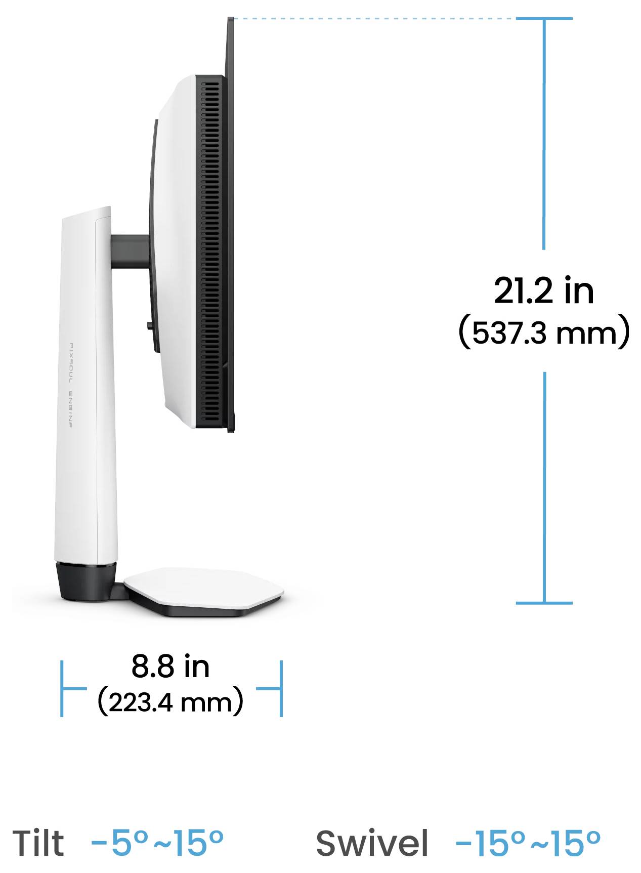 Seitenansicht eines Monitors mit Abmessungen: 21,2 Zoll (537,3 mm) hoch, 8,8 Zoll (223,4 mm) breit; Neigung -5° bis 15° und Drehbereich -15° bis 15°.