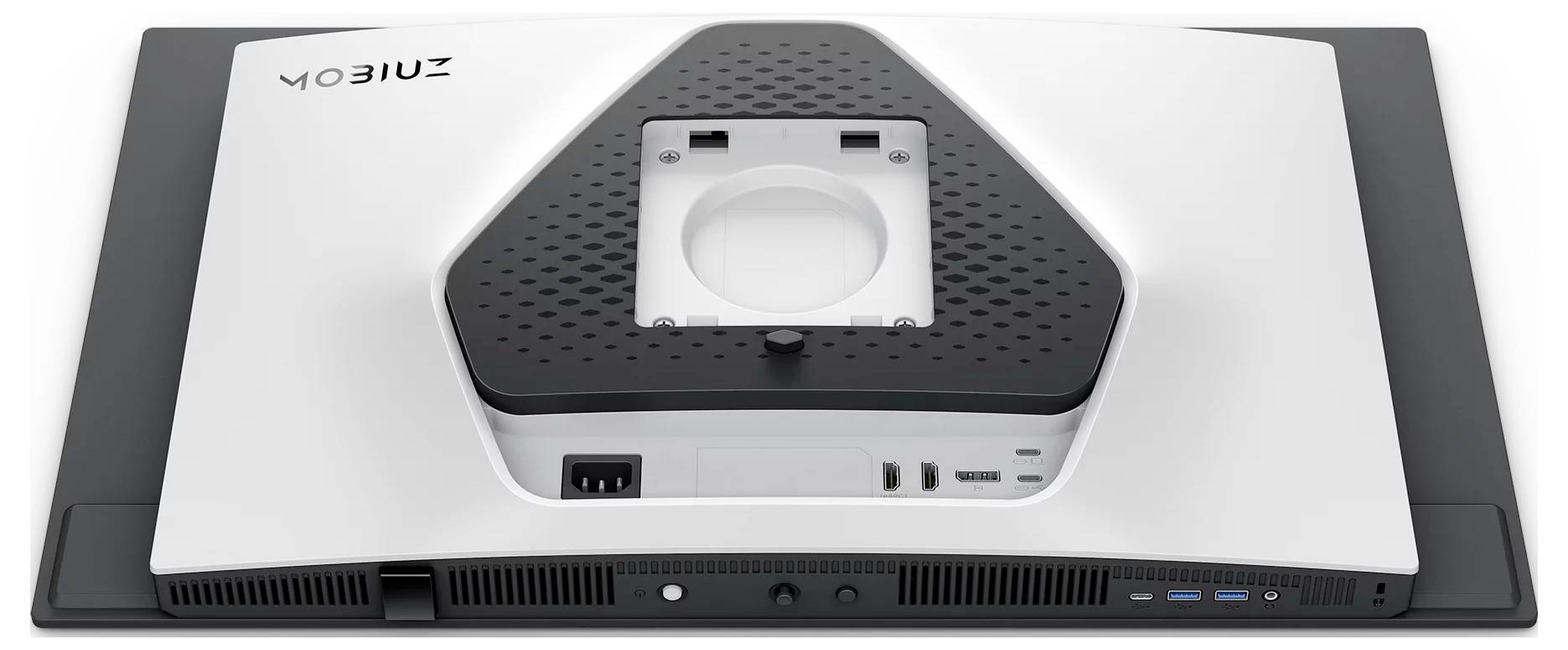 Weißer Philips All-in-One-Desktop-Computer von hinten gezeigt, mit integriertem Monitor-Ständer und sichtbaren Anschlüssen auf der Rückseite auf einer dunklen Basis.