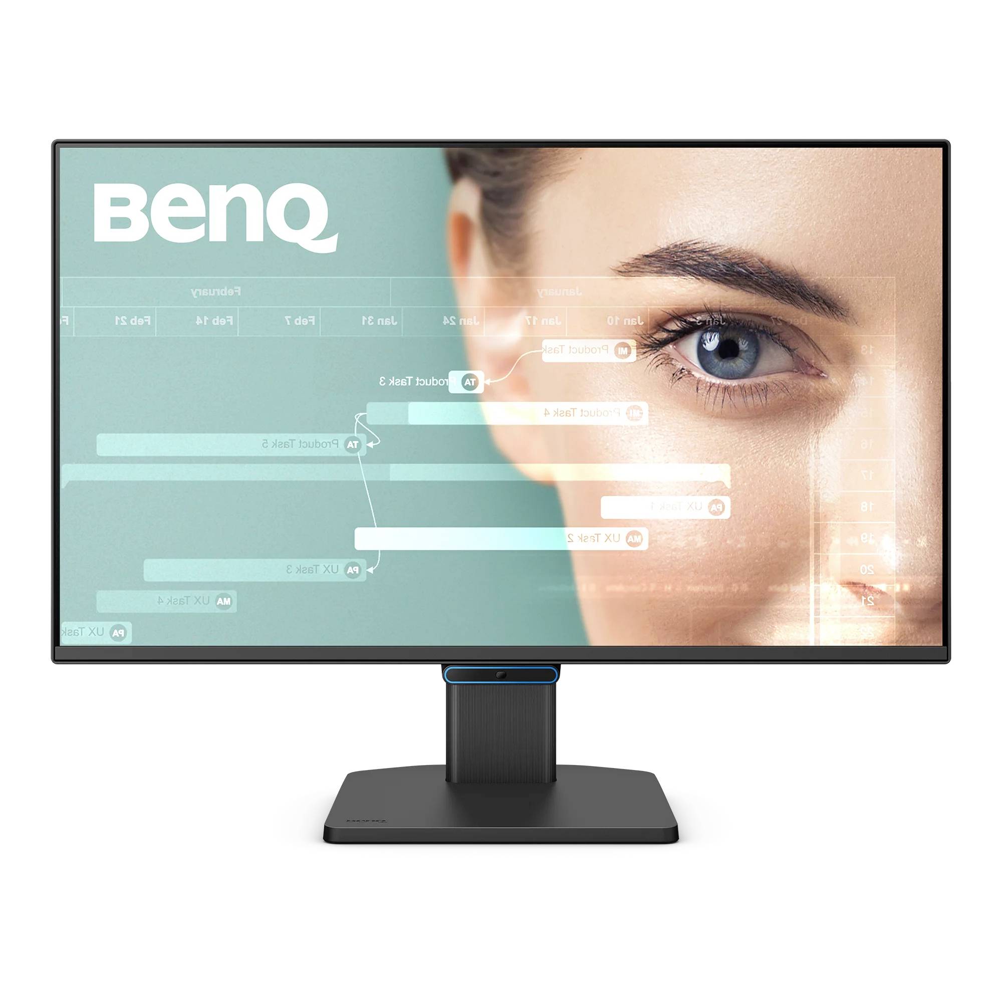 BenQ-Monitor zeigt eine Nahaufnahme eines Frauengesichts über einer türkisfarbenen Oberflächengraphik an.
