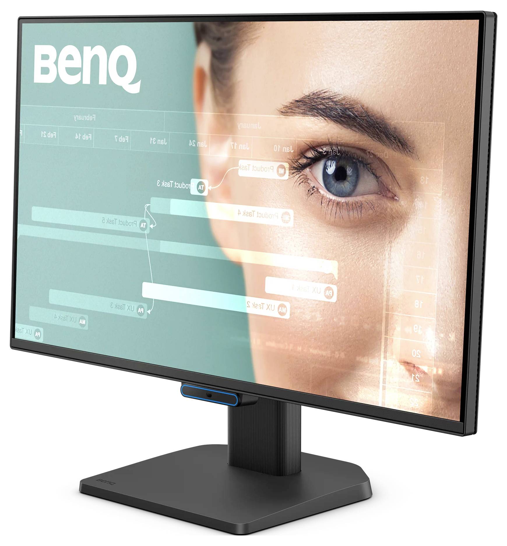 BenQ-Monitor, der ein nahes Gesicht mit einer Datenüberlagerung auf dem Bildschirm zeigt, auf einem Ständer vor weißem Hintergrund angezeigt.