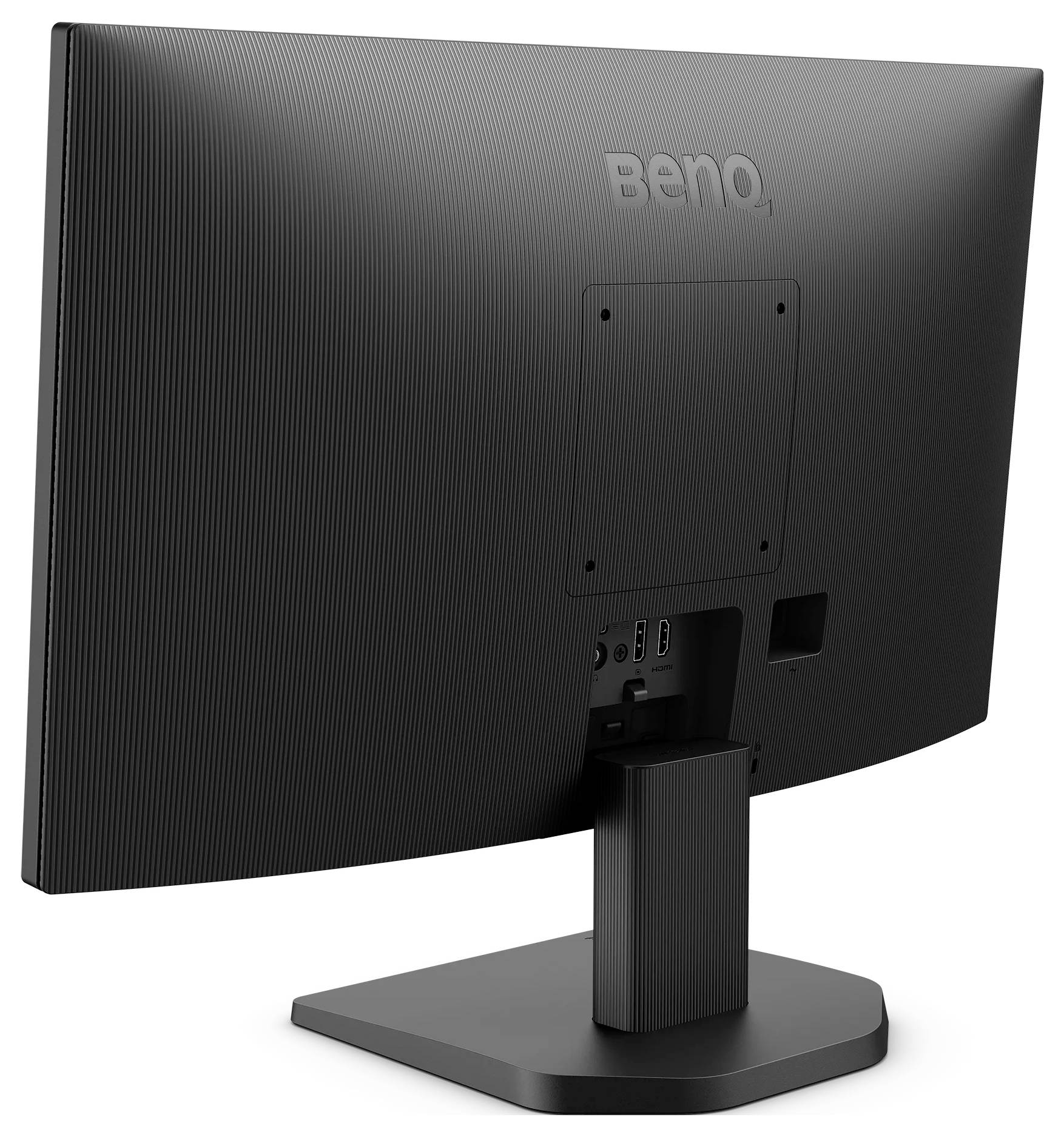 Rückansicht eines BenQ-Computermonitors auf einem Ständer, die die Rückseite, die Anschlüsse und die Montageplatte zeigt.