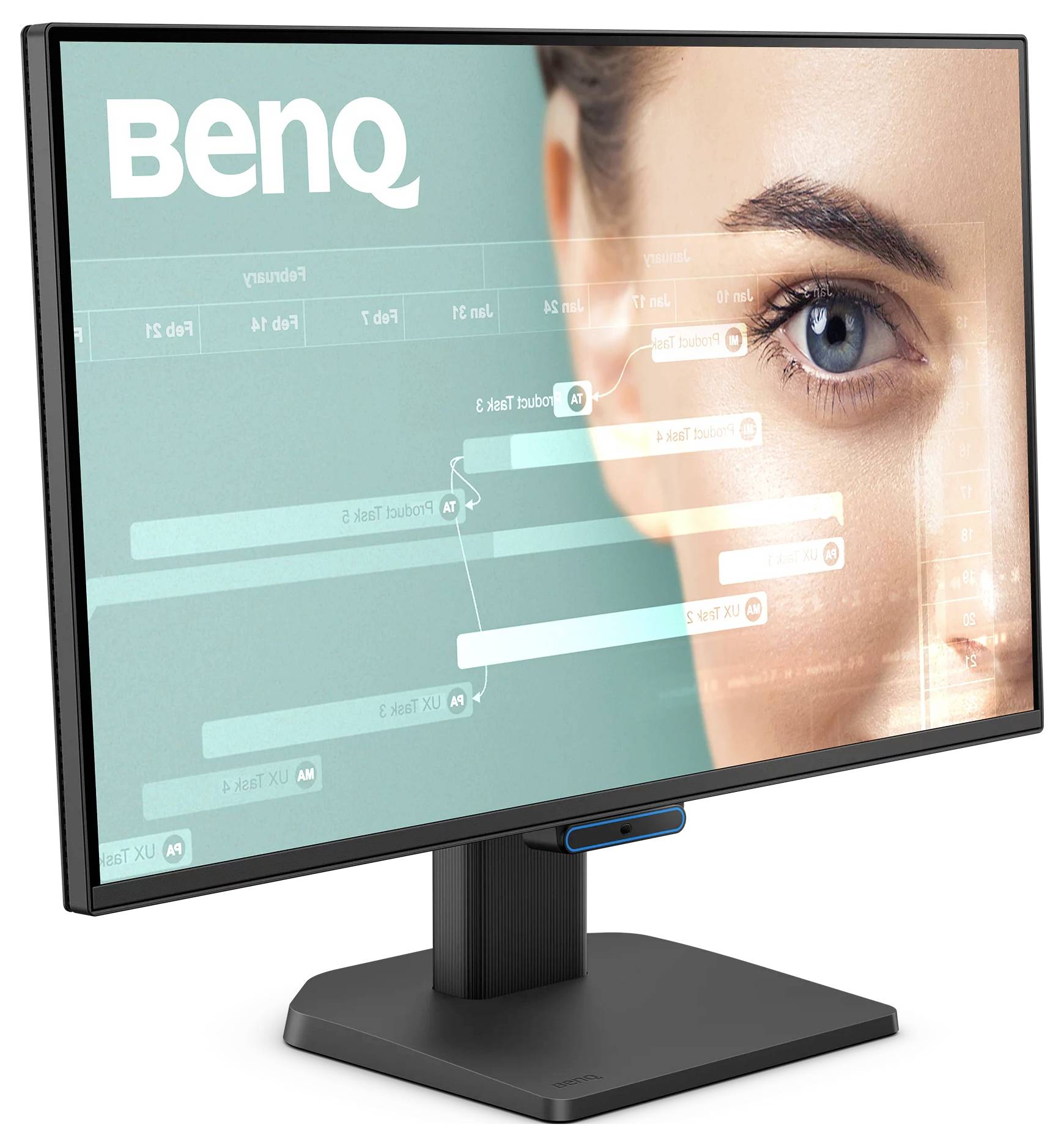 BenQ-Monitor, der ein nahes Gesicht mit einer durchscheinenden, zeitleistenartigen Benutzeroberfläche auf dem Bildschirm anzeigt.
