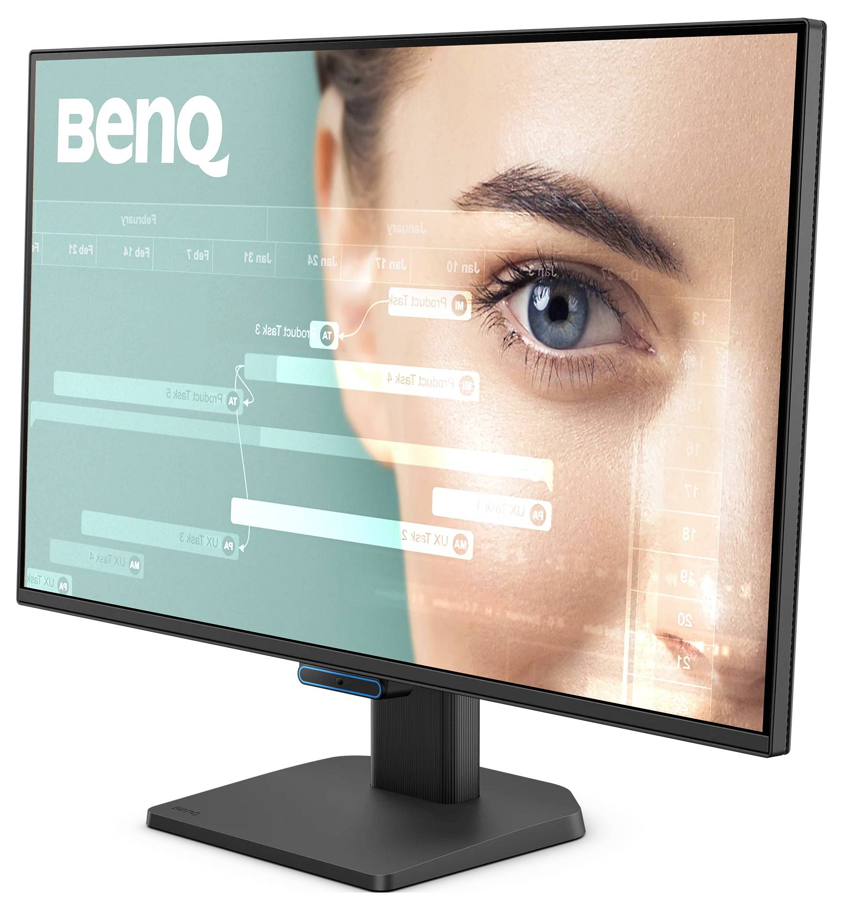 BenQ-Computermonitor, der eine Nahaufnahme eines Gesichts und eines Auges mit durchsichtigen Schnittstellengrafiken auf dem Bildschirm anzeigt.