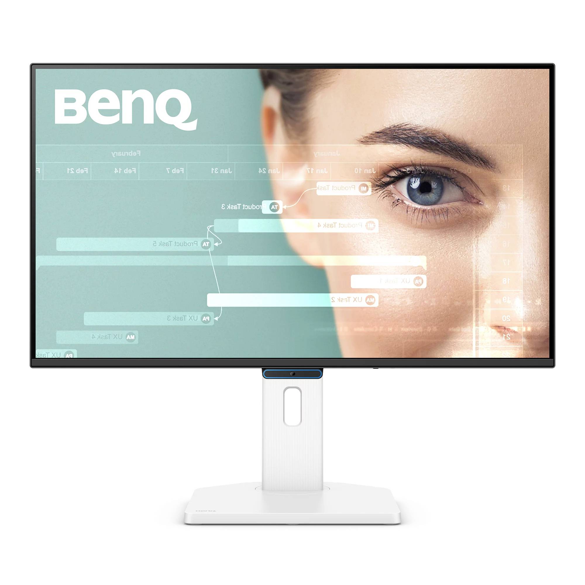 BenQ-Desktopmonitor mit einer Nahaufnahme eines Gesichts und durchscheinenden Oberflächengrafiken auf dem Bildschirm, auf einem weißen Ständer vor einfachem Hintergrund.
