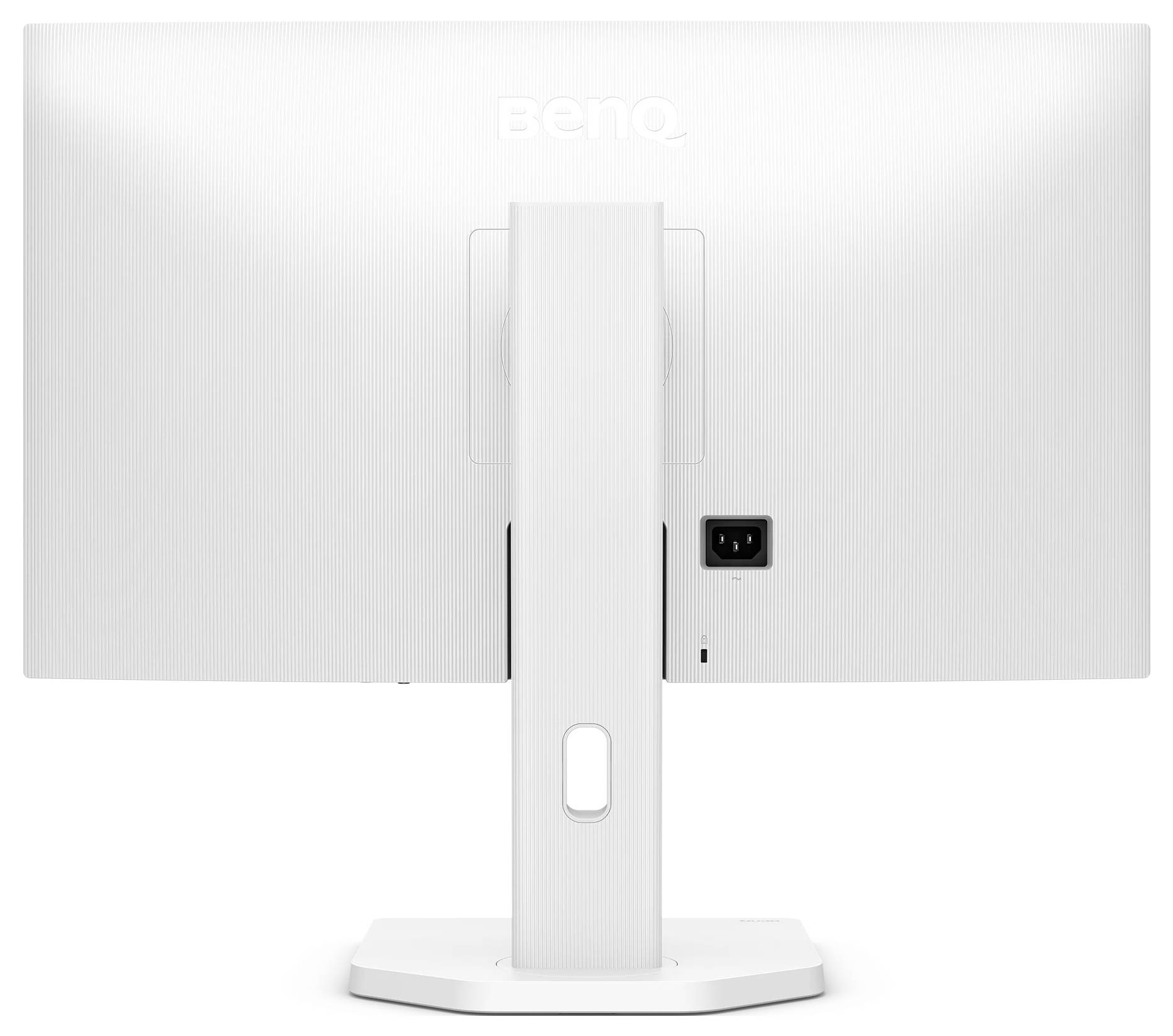Rückansicht eines weißen BenQ-Monitors auf einem Ständer, der die zentrale Stützstrebe, die Stromversorgungsbuchse und einen kleinen Bedienungsschalter zeigt.