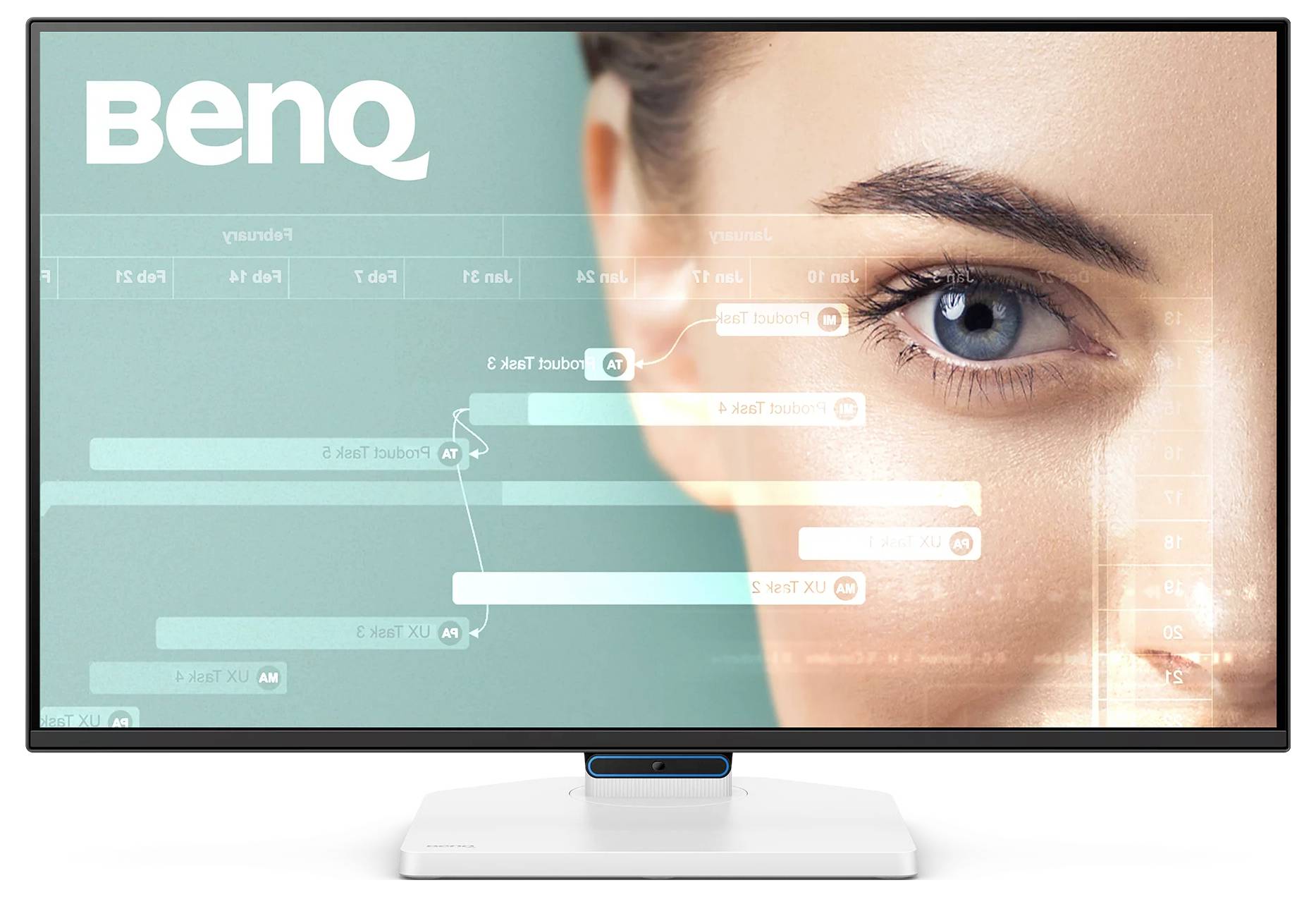 BenQ-Monitor mit einer Nahaufnahme eines Frauengesichts und durchsichtigen Interface-Grafiken, was auf eine Anzeige für Display-Technologie hindeutet.