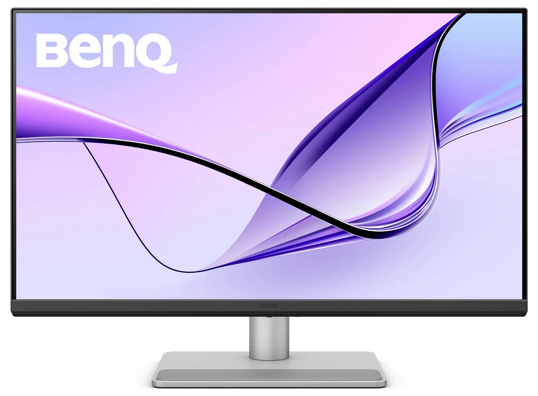 BenQ-Desktopmonitor mit violettem abstraktem Hintergrundbild auf dem Bildschirm.