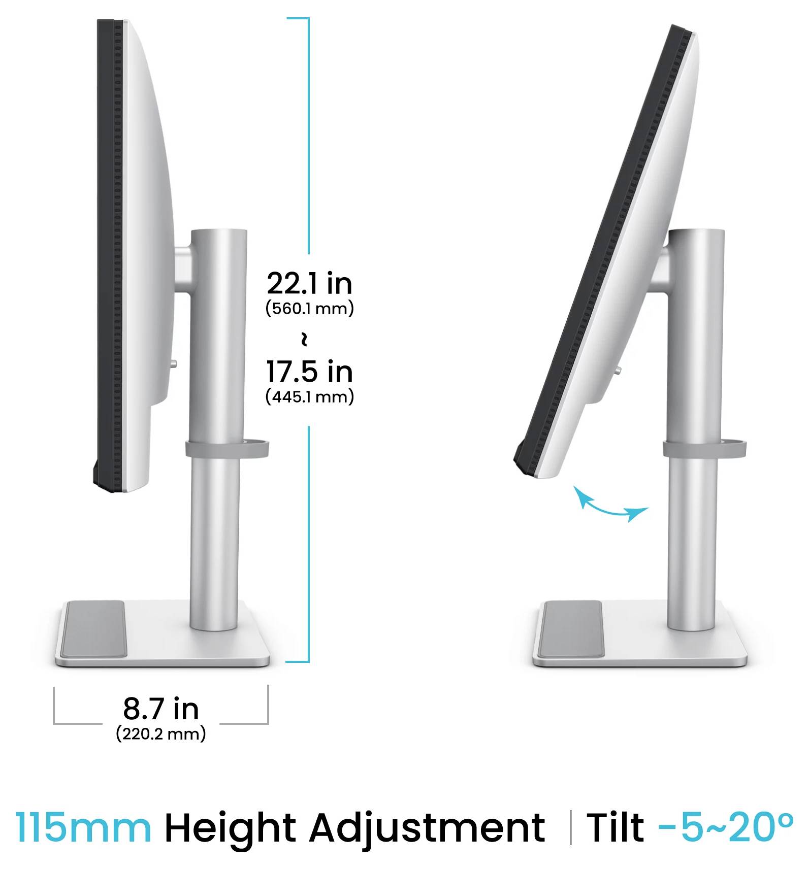 Seitenansicht eines Monitors auf einem Ständer mit 115 mm Höhenverstellung und Neigung von -5° bis 20°, mit Abmessungen von 22,1 Zoll, 17,5 Zoll und 8,7 Zoll.