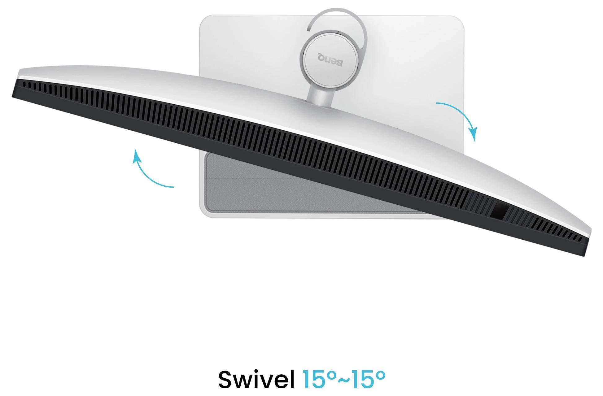 Ein Monitor schwenkt nach links und rechts 15 Grad, angezeigt durch blaue gebogene Pfeile und die Beschriftung „Schwenk 15°~15°".