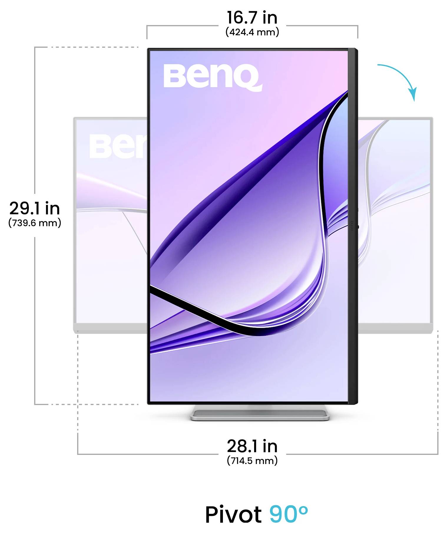 BenQ-Monitor, der sich in das Hochformat dreht, mit der Beschriftung "Pivot 90°", mit Abmessungen von 16,7 Zoll Breite und 29,1 Zoll Höhe.