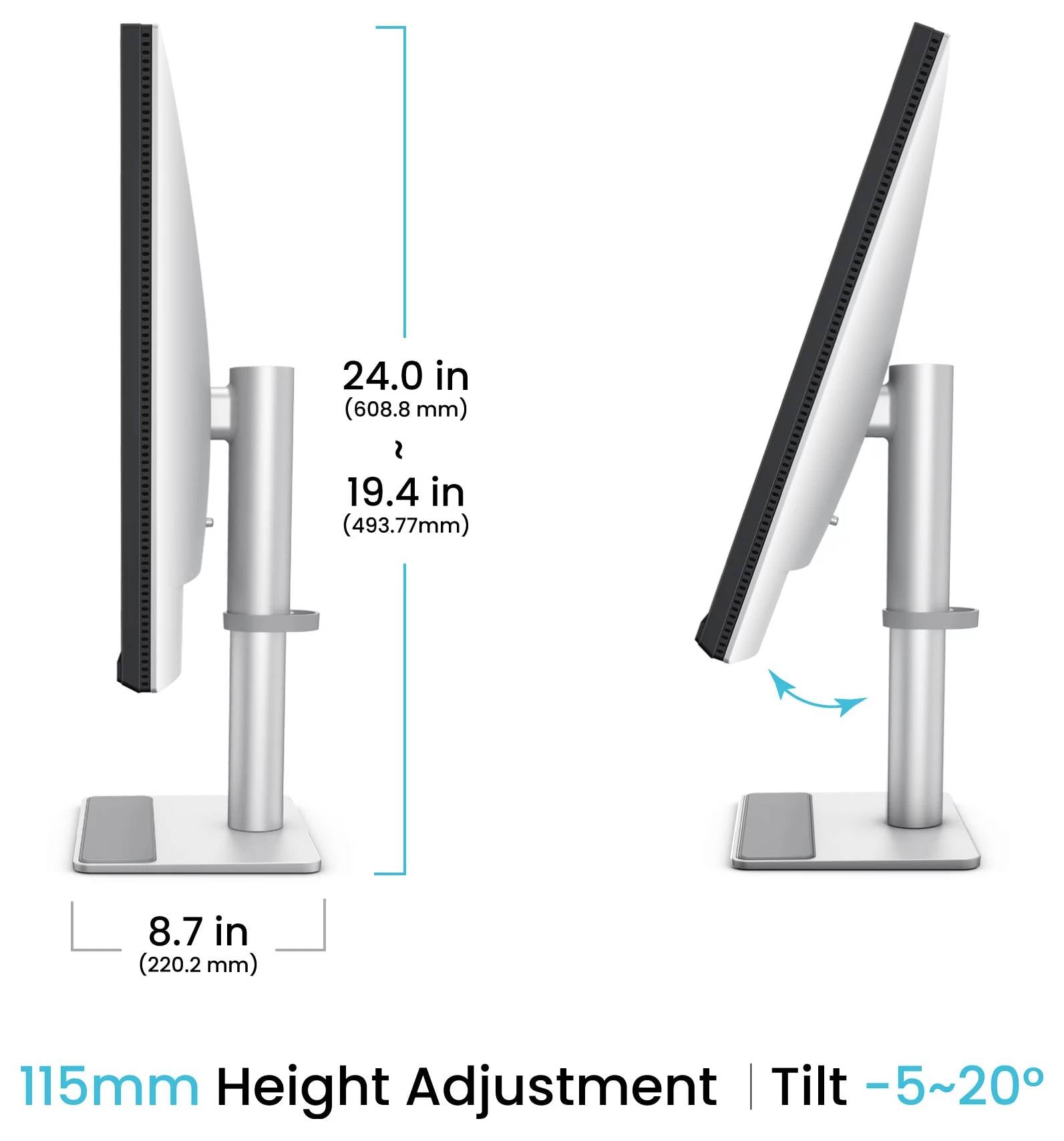 Monitorständer mit Höhenverstellung und Neigungsbereich: 115 mm Höhenverstellung, 24,0 Zoll Gesamthöhe, 19,4 Zoll Bildschirmhöhe, 8,7 Zoll Basisbreite und Neigung von -5° bis 20°.