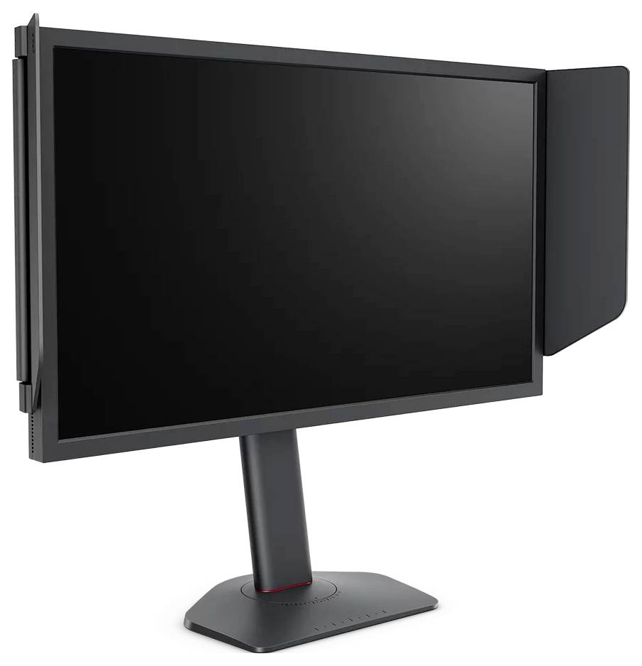 Schwarzer flacher Flachbildschirm-Monitor auf einem Ständer mit seitlichen Datenschutzblenden, gezeigt vor weißem Hintergrund.