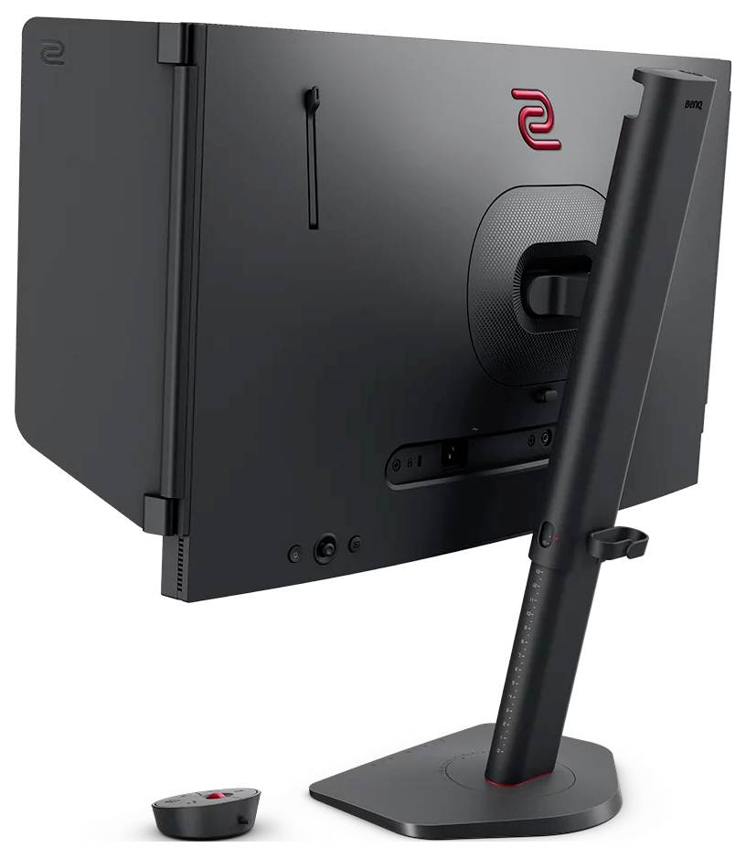 Rückansicht eines BenQ-Monitors mit Ständer und kleine Fernbedienung unten gezeigt.