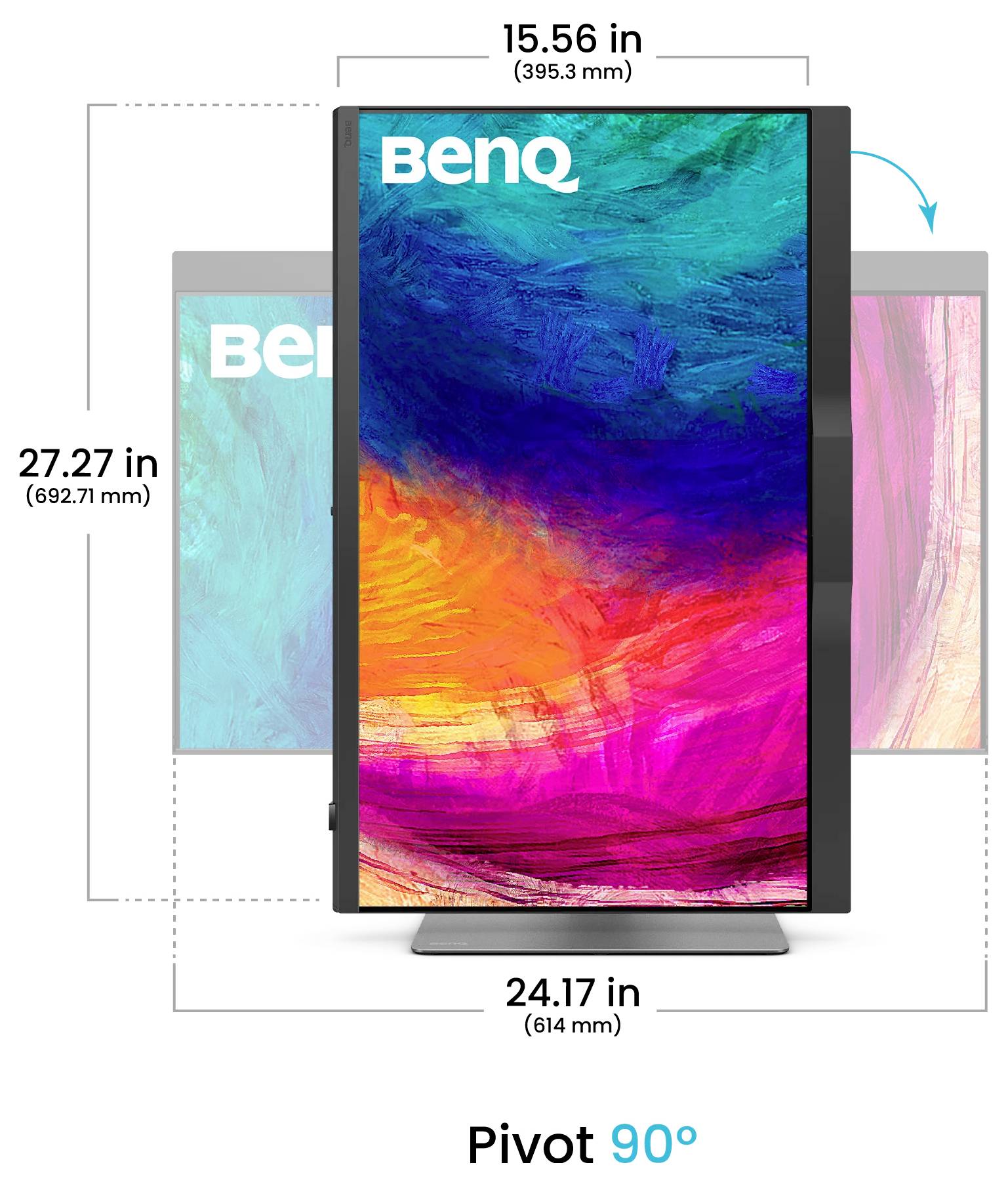 BenQ-Monitor wird in Hochformat gedreht; Abmessungen gekennzeichnet mit 15,56 Zoll Breite, 27,27 Zoll Höhe, 24,17 Zoll Sockelbreite, mit angezeigtem 90°-Pivot.