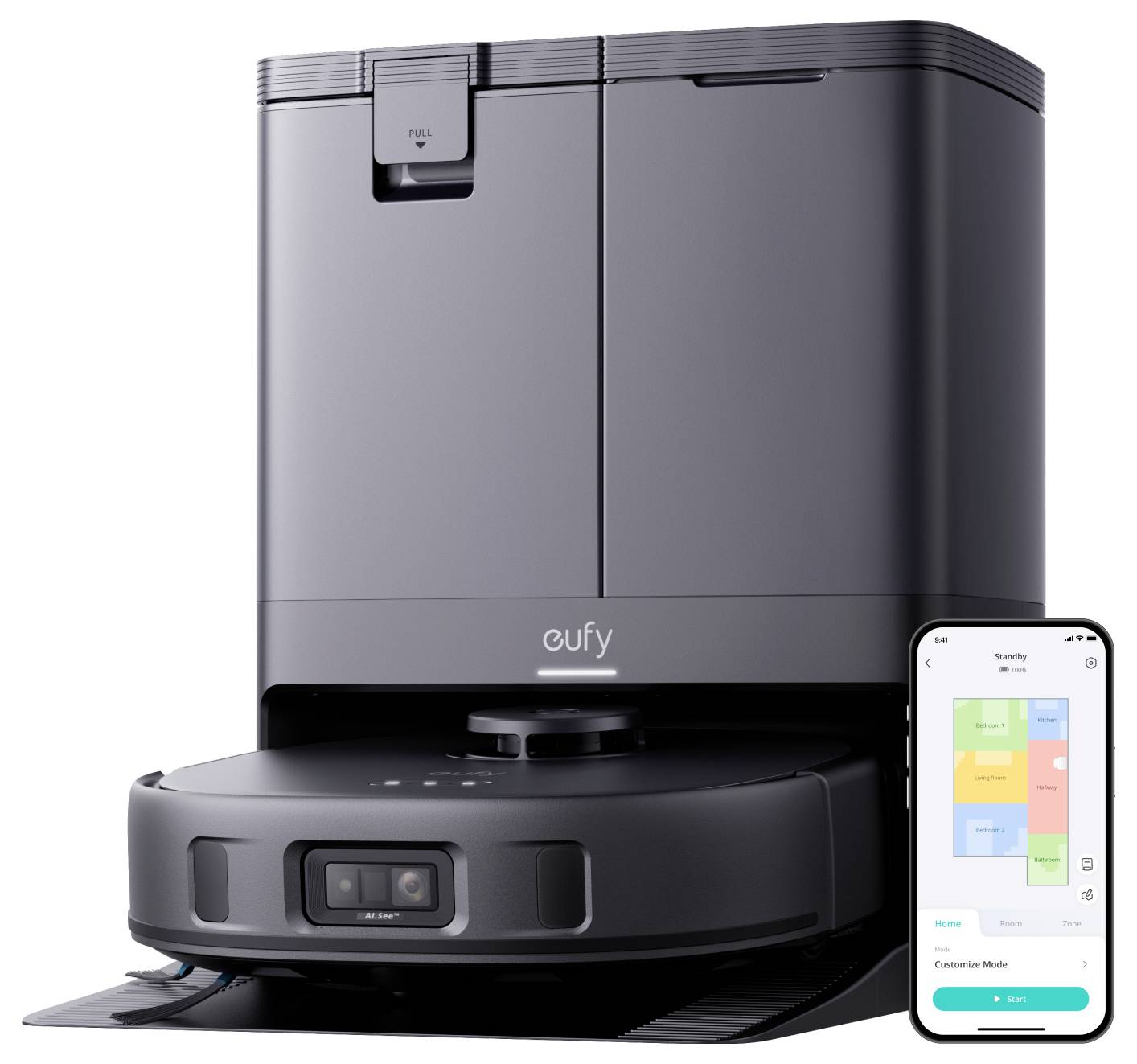Roboterstaubsauger mit selbstleerender Ladestation und Smartphone-App mit Reinigungskarte und Zeitplansteuerung.