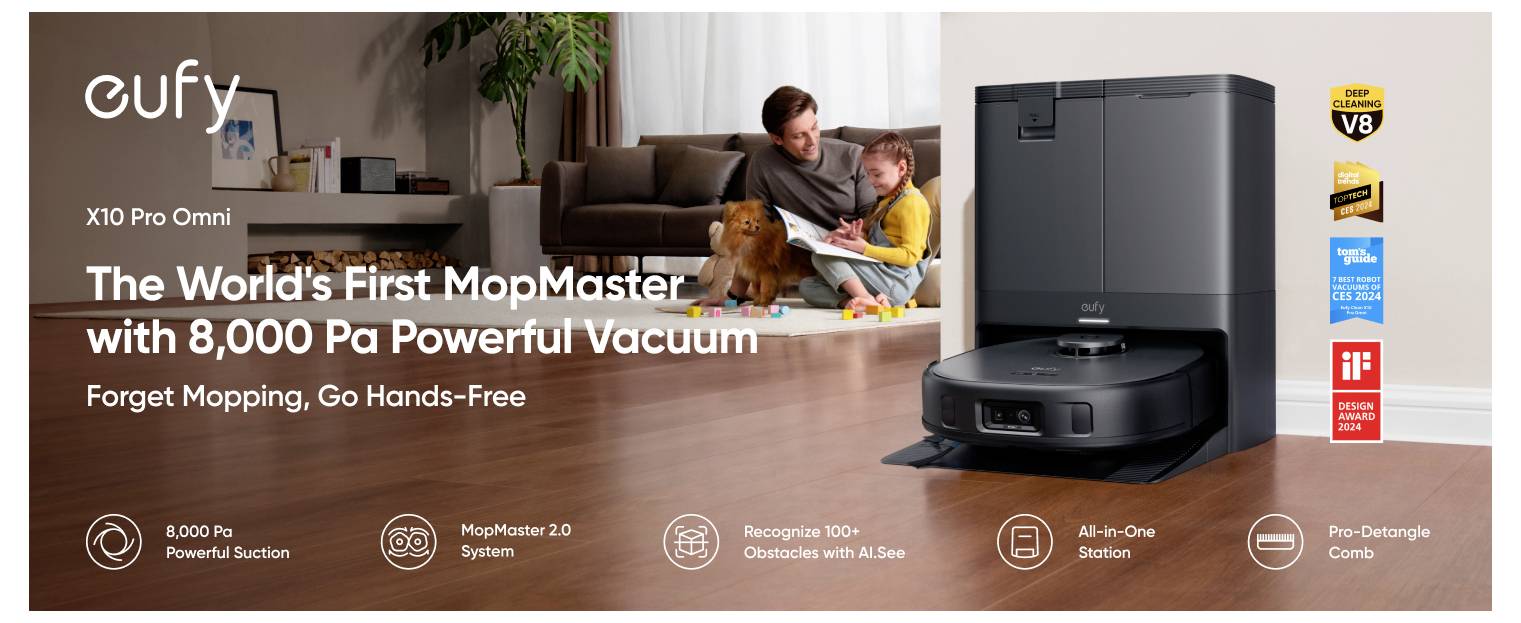 Werbebild eines Roboterstaubsaugers mit Ladestation in einem Wohnzimmer, beschriftet mit „eufy X10 Pro Omni" und „Der weltweit erste MopMaster mit 8.000 Pa kraftvollem Staubsauger".