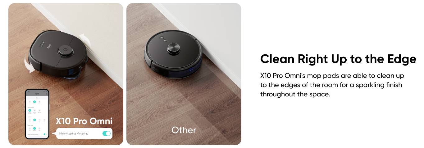 Vergleich der Reinigung durch Roboterstaubsauger nebeneinander: X10 Pro Omni erreicht Raumkanten mit einem Wischpad, während „Sonstige" Kanten ungereinigt hinterlässt.
