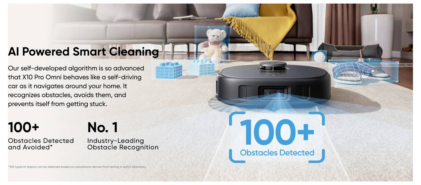 Werbebild eines Roboterstaubsaugers, der ein Wohnzimmer kartografiert, mit dem Text „KI-gestützte intelligente Pfadnavigation" und „Über 100 Hindernisse erkannt und vermieden".