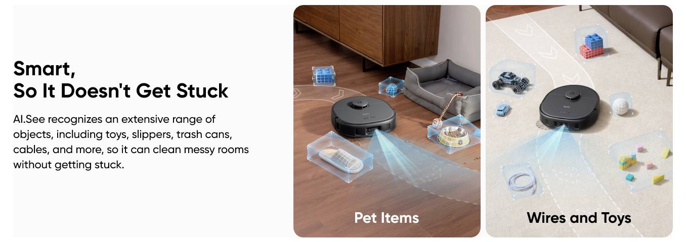 Werbegrafik für die Smart-Funktion eines Roboterstaubsaugers, die verhindert, dass er stecken bleibt, und zeigt, wie er Haustiergegenstände, Kabel und Spielzeug in unordentlichen Zimmern vermeidet.