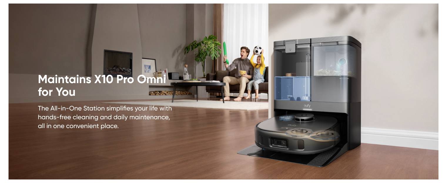 Werbebild eines Roboterstaubsaugers mit Ladestation in einem Wohnzimmer, mit Text, der besagt „Wartet die X10 Pro Omni für Sie" und beschreibt freihändige Reinigung und tägliche Wartung.