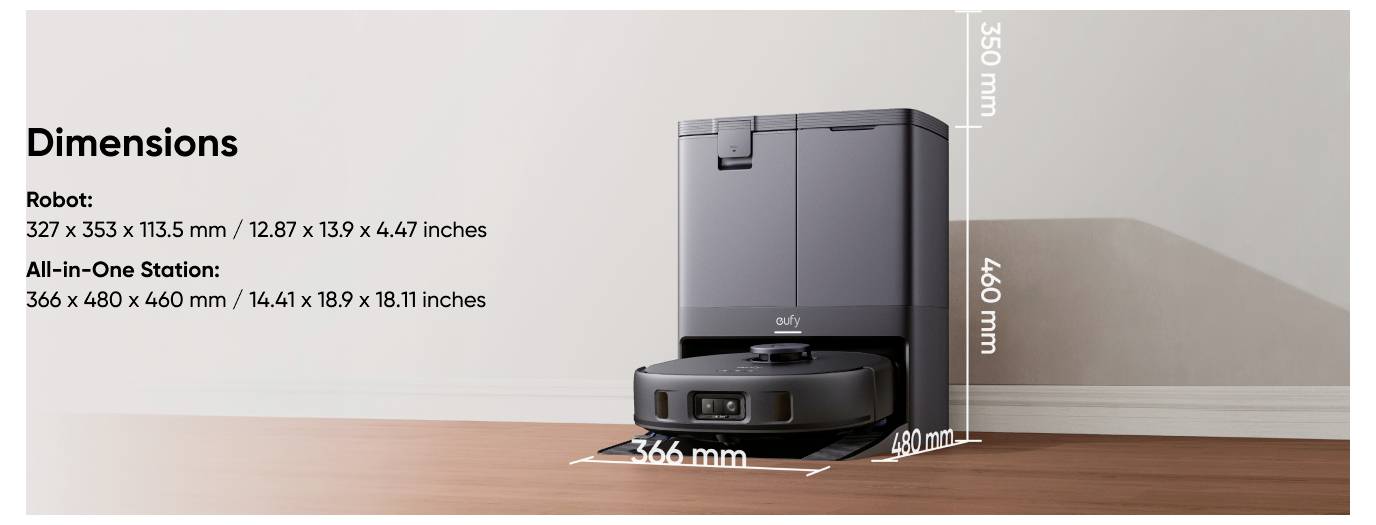 Produktabmessungen Diagramm eines Saugroboters und einer All-in-One-Station mit Messwerten: Roboter 327 x 353 x 113,5 mm und Station 366 x 480 x 460 mm.