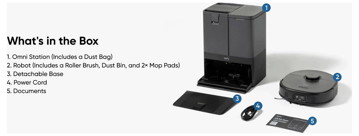 Produktinhaltsdiagramm mit dem Titel "Was ist in der Box" zeigt eine Omni Station, einen Roboter, eine abnehmbare Basis, ein Stromkabel und Dokumente.