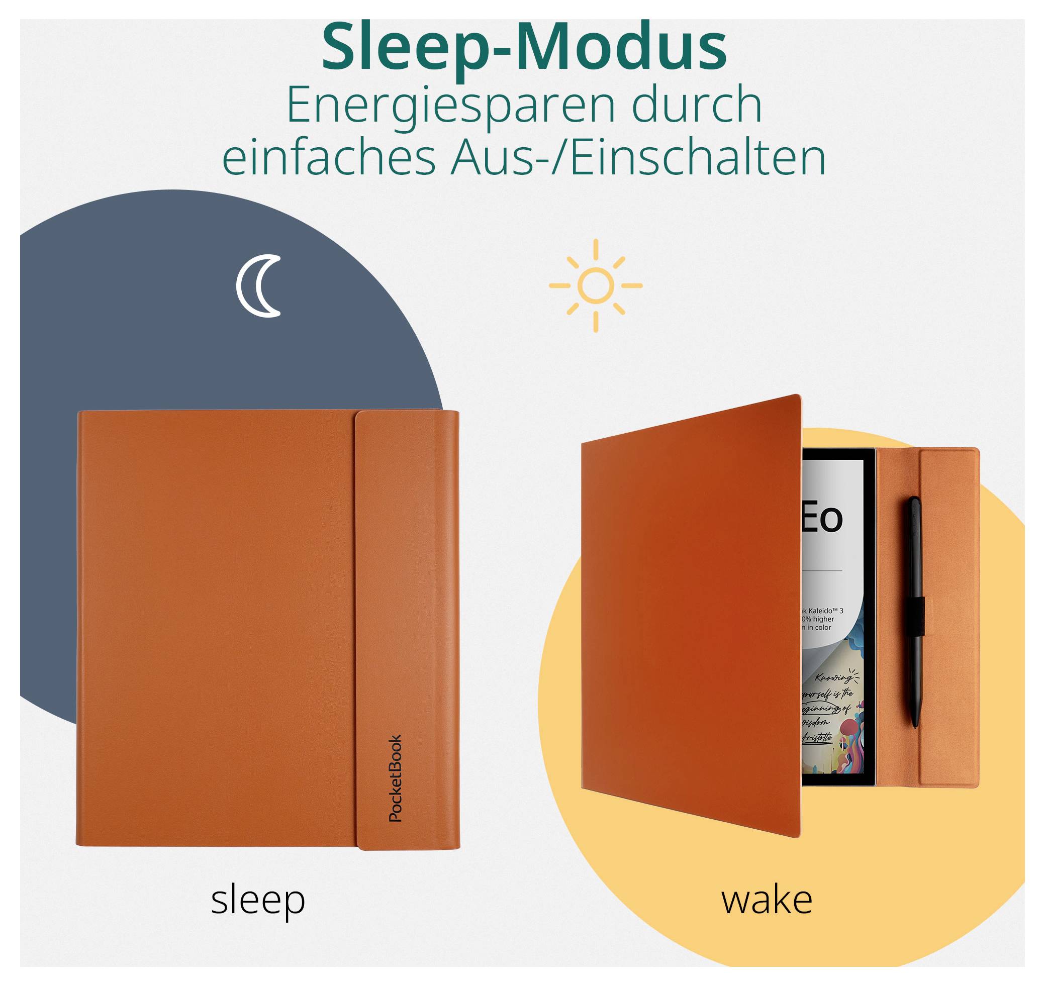 Grafik, die "Sleep-Modus" Energiesparen durch einfaches Ein-/Ausschalten zeigt: ein geschlossenes oranges Rocketbook-Notizbuch mit der Bezeichnung "sleep" und ein offenes mit der Bezeichnung "wake", mit Mond- und Sonnensymbolen.