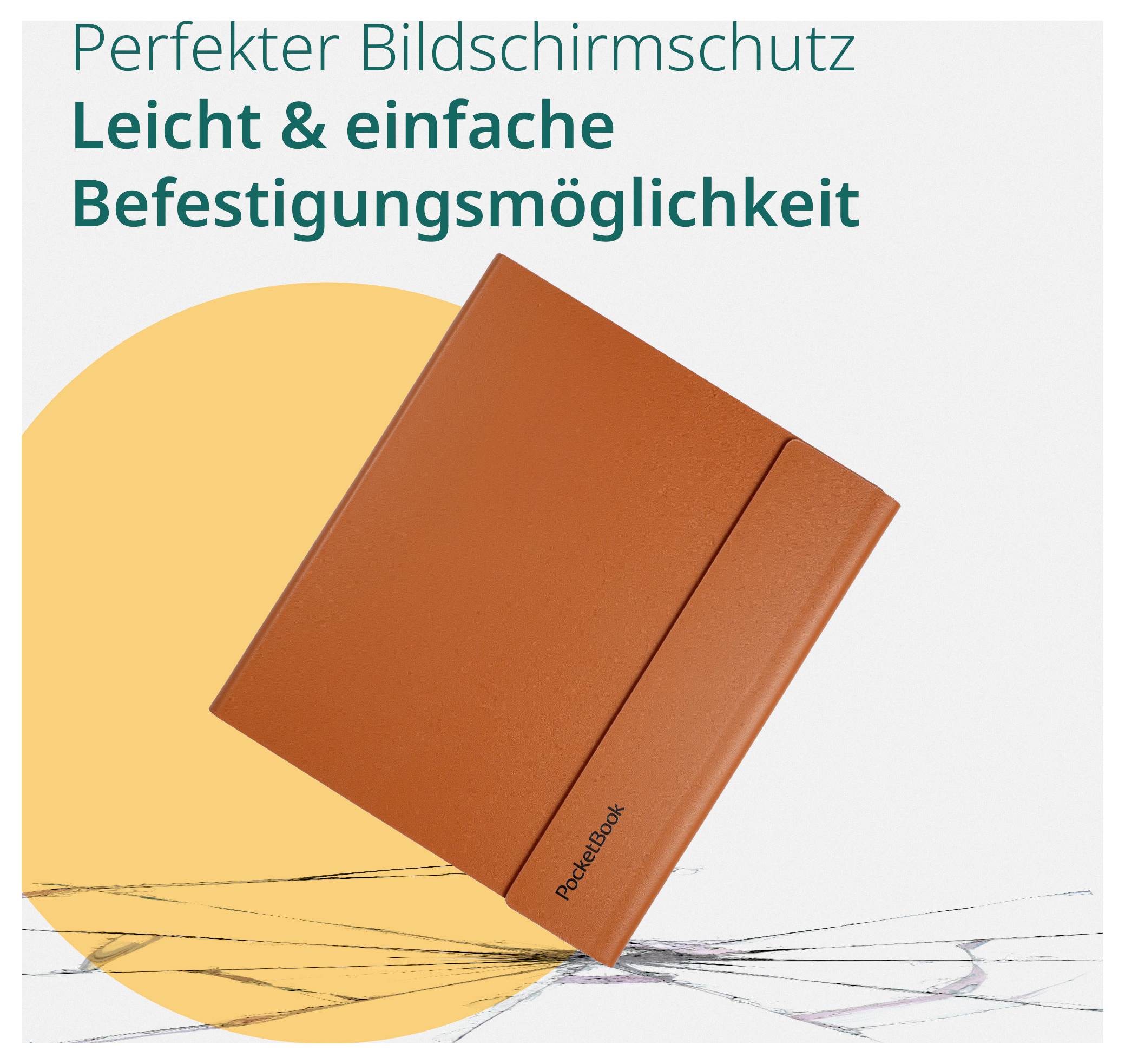 Orange PocketBook E-Reader Schutzhülle in perspektivischer Ansicht mit deutschem Text: "Perfekter Bildschirmschutz" und "Leicht & einfache Befestigungsmöglichkeit".