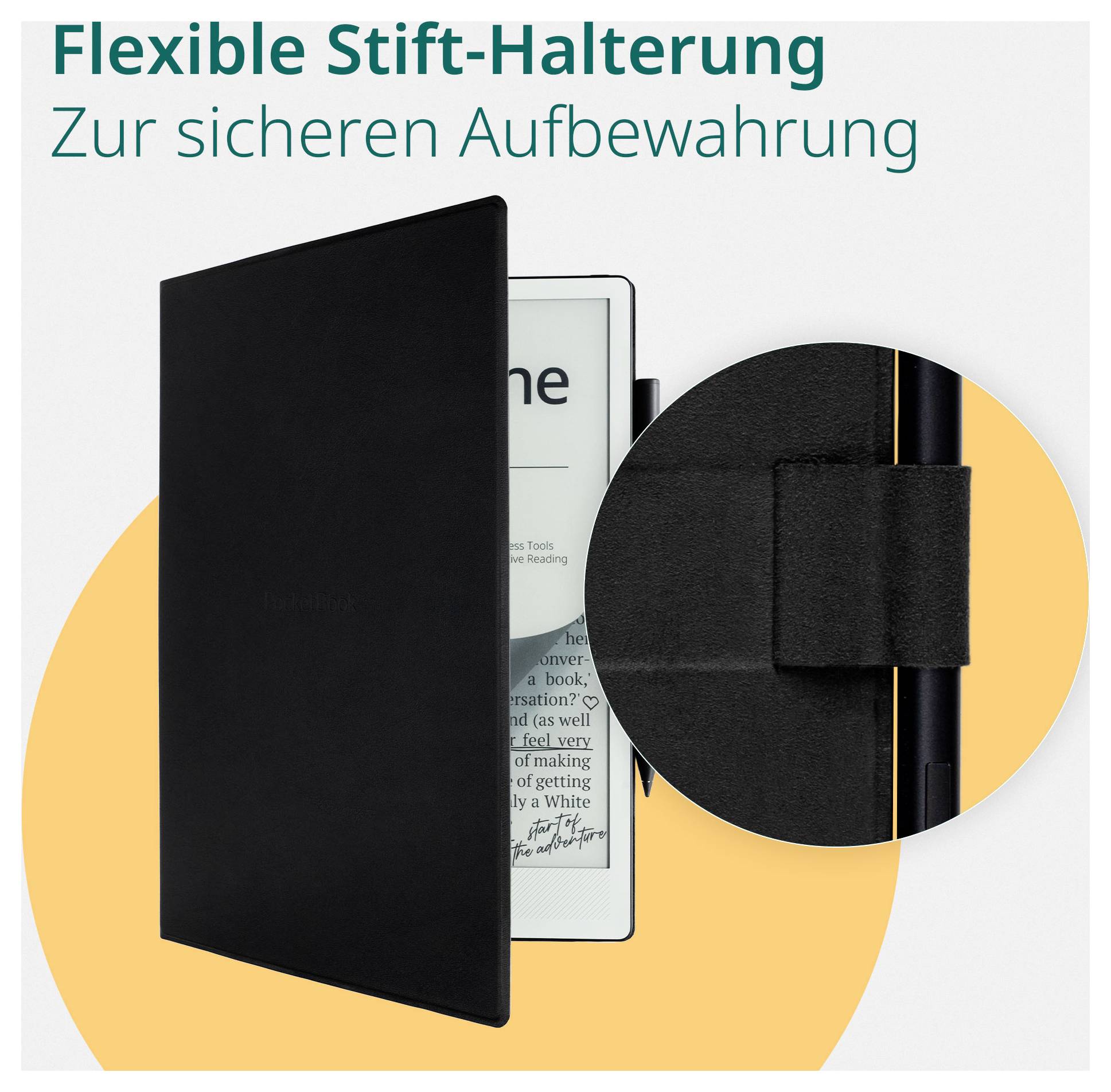 Schwarze Tablet-Schutzhülle mit flexiblem Stifthalter zur sicheren Aufbewahrung, dargestellt beim Halten eines Tablets und eines Stifts.