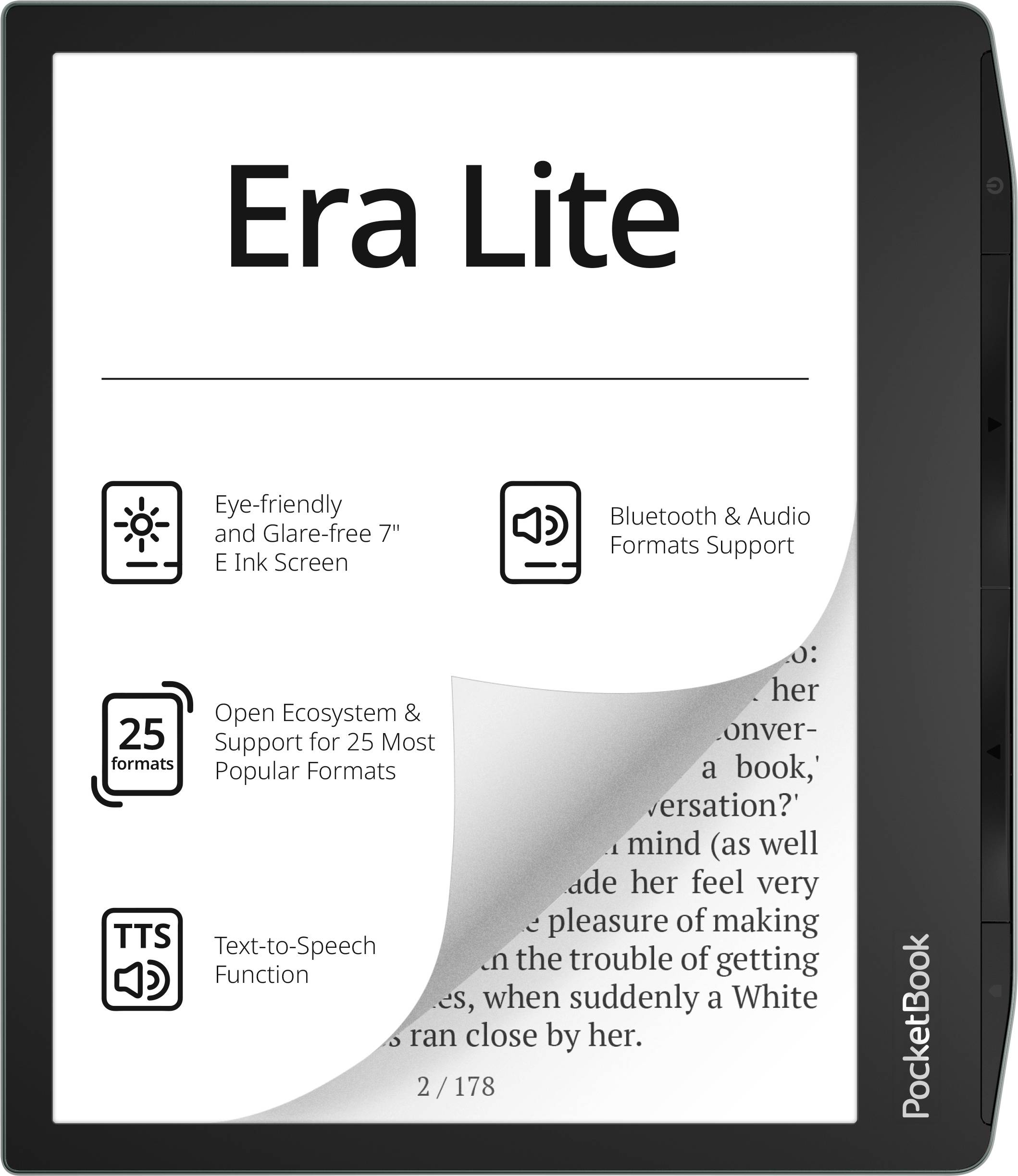 PocketBook Era Lite E-Book-Reader mit Seitenumblättereffekt, hervorgehobenem, augenschonendem 7-Zoll-E-Ink-Display, Bluetooth-/Audiounterstützung, 25 Formaten und Text-zu-Sprache-Funktion.