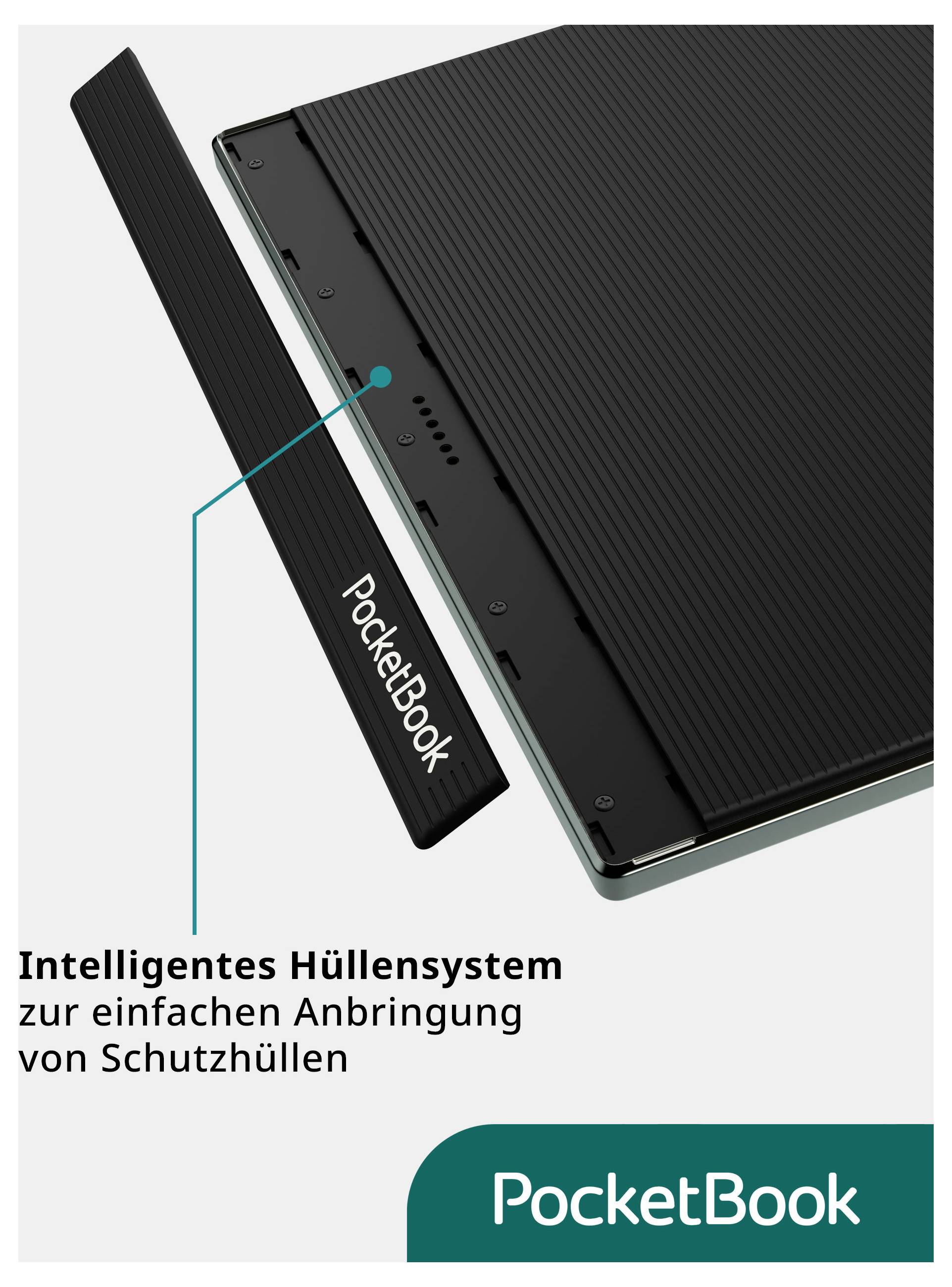 PocketBook e-reader mit magnetischem Schutzhüllensystem; deutscher Text besagt „Intelligentes Hüllensystem zur einfachen Anbringung von Schutzhüllen".
