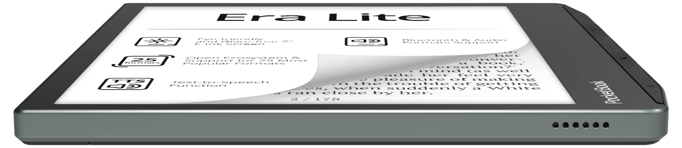 E-Ink-E-Reader-Gerät in schräger Ansicht mit einer Beispielseite auf dem Bildschirm und Seitennavi­gations­symbolen.