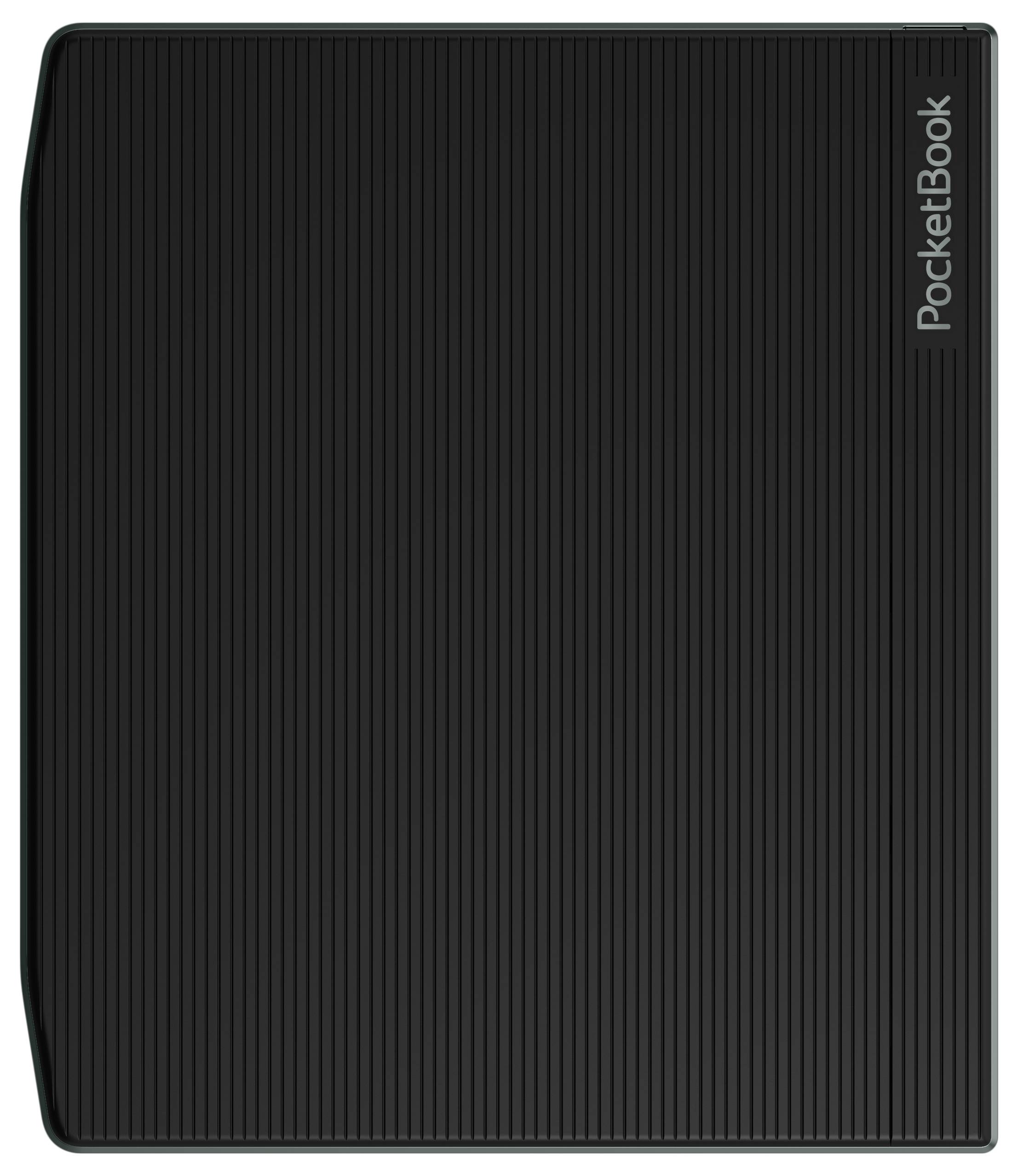 Geschlossener schwarzer PocketBook E-Reader von vorne betrachtet, mit strukturiertem Rippenmuster auf dem Cover und vertikalem PocketBook-Logo auf der rechten Kante.