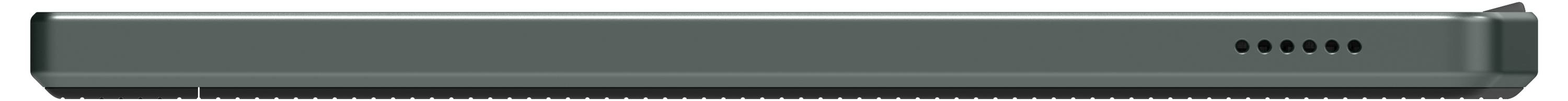 Ein langer dunkelgrauer Laptop-Deckel oder Geräterand, horizontal gegen einen weißen Hintergrund gezeigt.