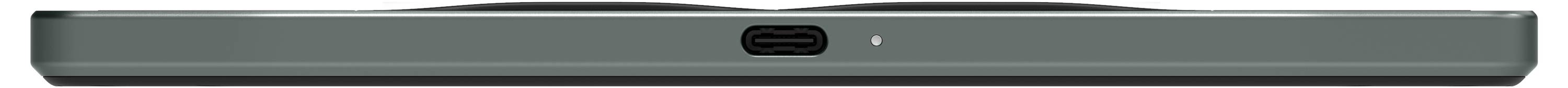 Geschlossener grauer Laptop von der Seite betrachtet, mit einem zentrierten USB-C-Anschluss und einem kleinen Indikatorlicht.