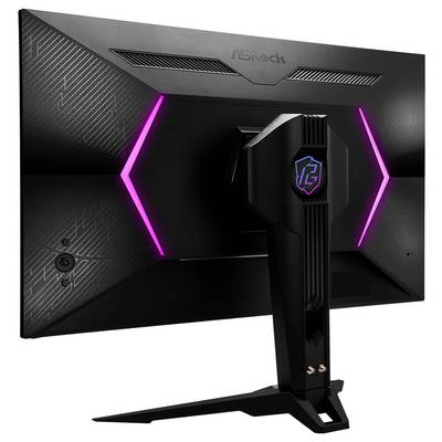 Rückansicht eines AOC-Gaming-Monitors mit schwarzem geometrischem Rückpanel, rosa LED-Akzenten und einem zentralen Ständer auf einem Sockelsockel.