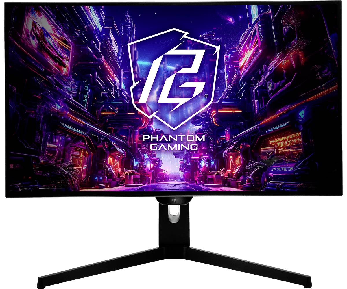 Gekrümmter Gaming-Monitor auf einem Dreibeinstativ, das eine neon-leuchtende Sci-Fi-Stadt mit dem Logo und Text "Phantom Gaming" anzeigt.