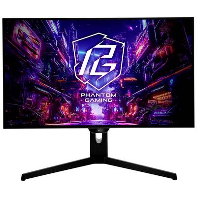 Gekrümmter Gaming-Monitor auf einem Dreibeinstativ, das eine neon-leuchtende Sci-Fi-Stadt mit dem Logo und Text "Phantom Gaming" anzeigt.
