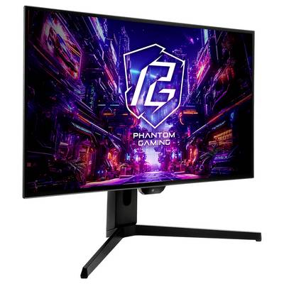 Gaming-Monitor zeigt eine neonfarben Cyberpunk-Szene mit einem schildförmigen "PG"-Logo und dem Text "PHANTOM GAMING".