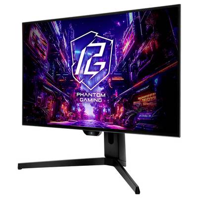 Phantom Gaming Monitor zeigt eine neonige Sci-Fi-Stadtlandschaft und ein stilisiertes "PG"-Logo auf dem Bildschirm an.
