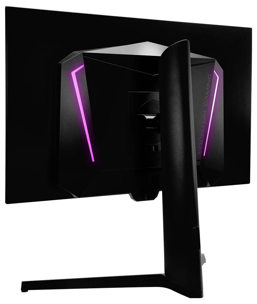Schwarzer Gaming-Monitor von hinten gezeigt mit Standfuß, mit kantigem Design und rosafarbenen LED-Lichtakzenten auf beiden Seiten.