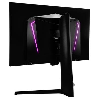 Schwarzer Gaming-Monitor von hinten gezeigt mit Standfuß, mit kantigem Design und rosafarbenen LED-Lichtakzenten auf beiden Seiten.